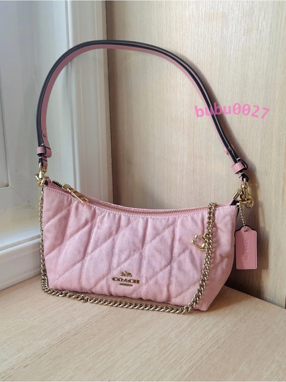 NWT💖Coach Caitlin Shoulder Bag Quilting And Charm CEQ62 Pink Denim Chain Gift